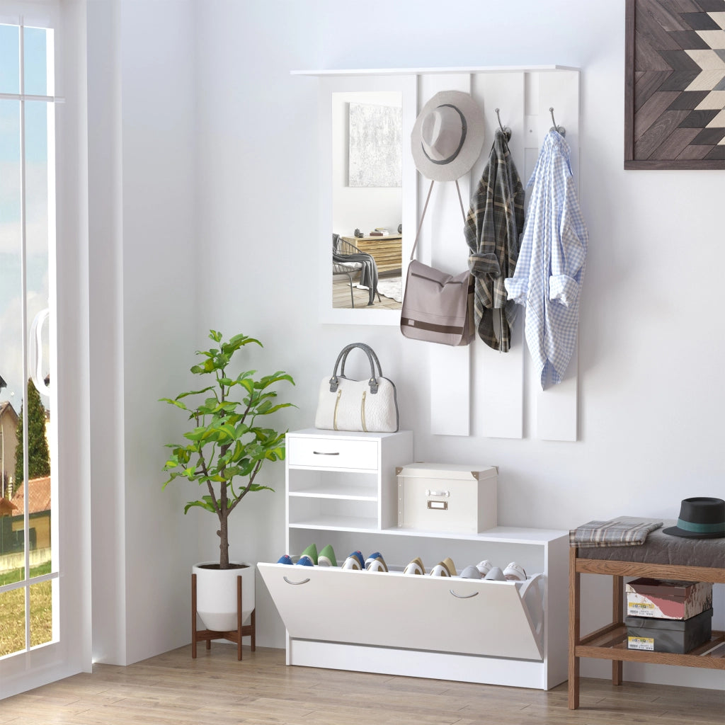 Mobile ingresso con appendiabiti specchio e panchina ¨C Zephmum ¨C Bianco