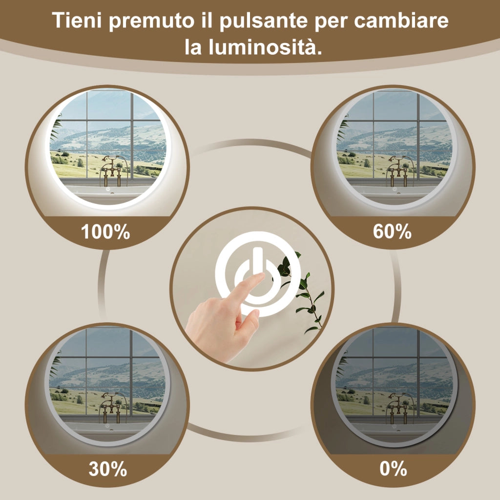 AICA Specchio Da Bagno Rotondo Da 60cm con LED, Antiappannamento, 3 Temperature Colore