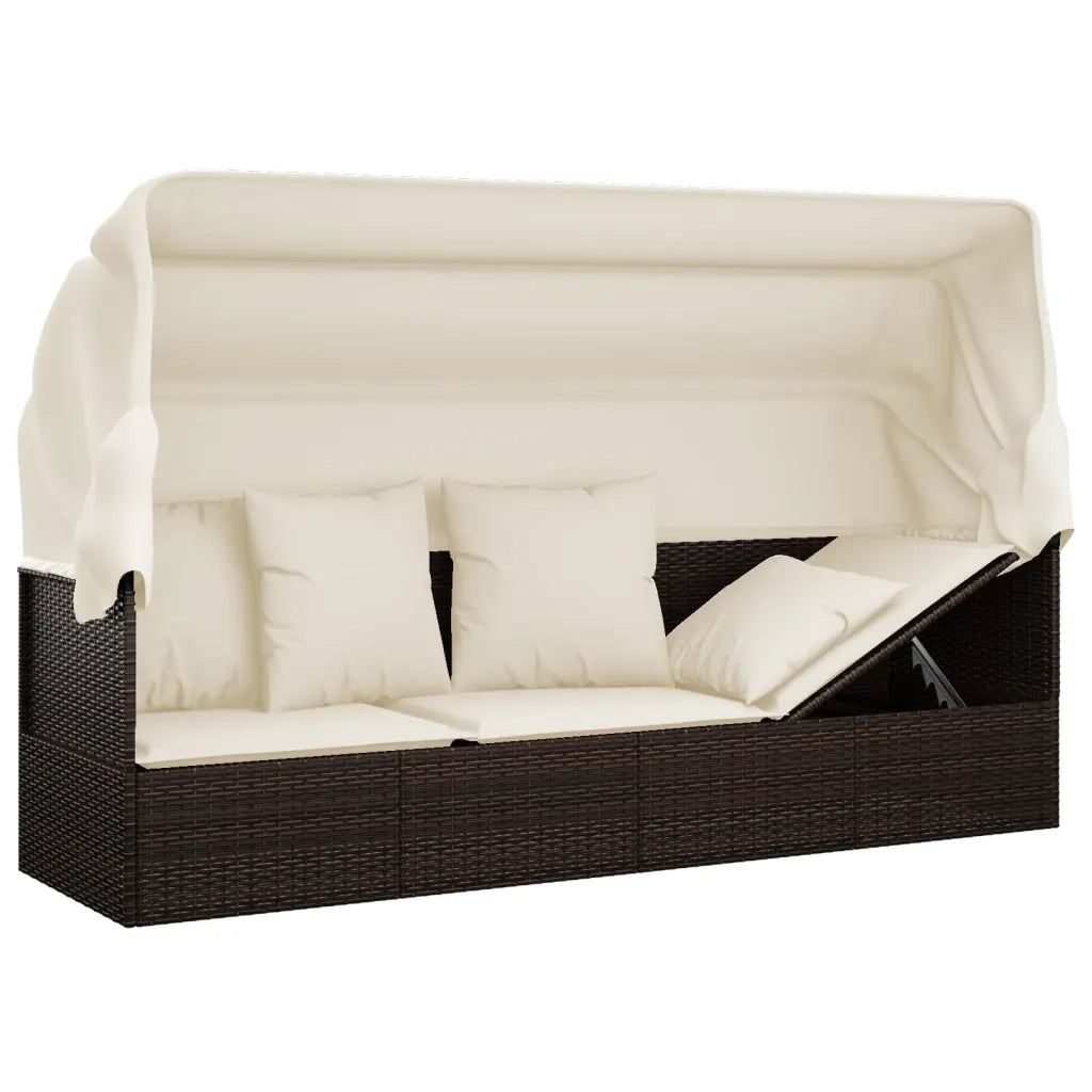 Lettino Prendisole | Sdraio da giardino | Lettino da sole Esterno Tetto e Cuscini Marrone Polyrattan