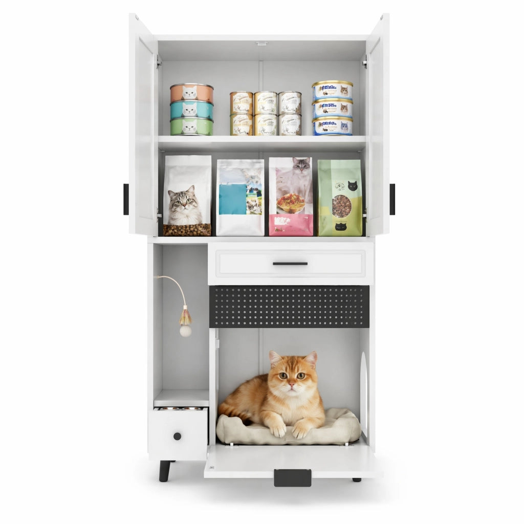 Mobile contenitore per gatti con ripiani regolabili e cassetti; area cuccia; per soggiorno; 80×40×161 cm