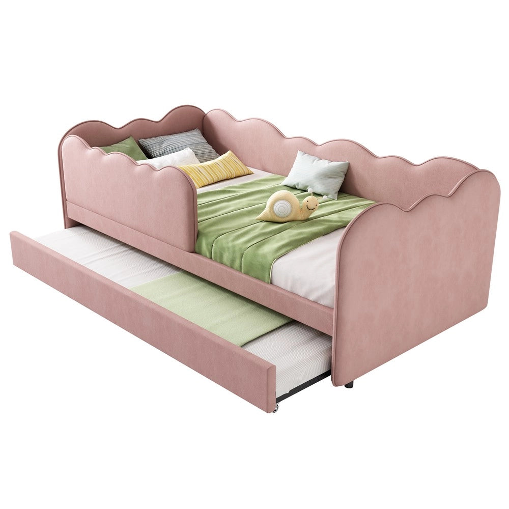 Letto Singolo Imbottito con Rete a Doghe e Letto Estraibile ¨C MINIMAL ¨C Velluto Rosa 90x190