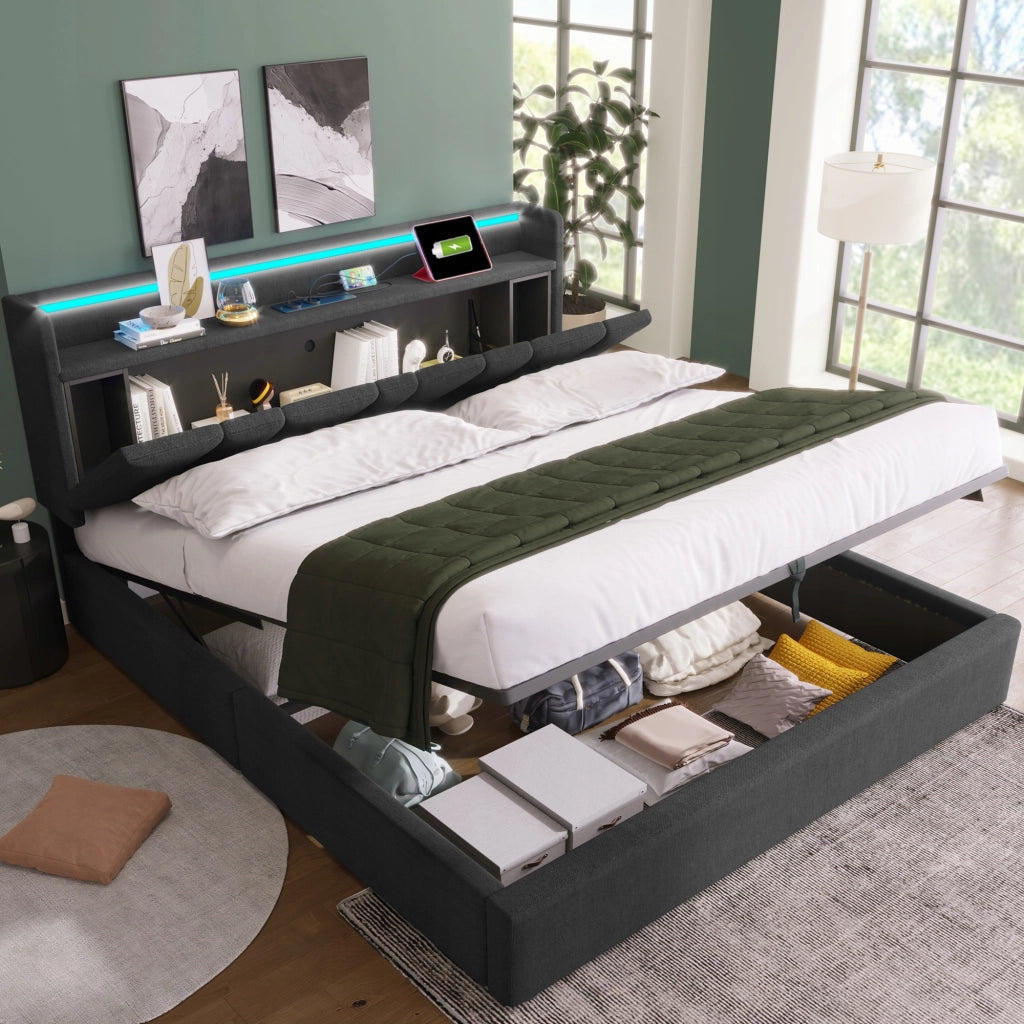 Letto imbottito 140x200 grigio con USB e LED - Xylo