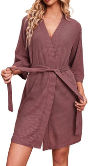 Camicia da Notte Donna Corta con Manica 3/4 a Wafel con Cintura con Rilievo e V-Neck in Rosso e Marrone