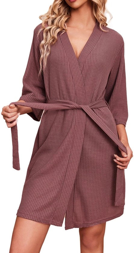 Camicia da Notte Donna Corta con Manica 3/4 a Wafel con Cintura con Rilievo e V-Neck in Rosso e Marrone