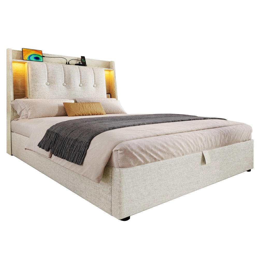 Letto Imbottito con LED e Contenitore ¨C MINIMAL ¨C Lino Beige 90x200