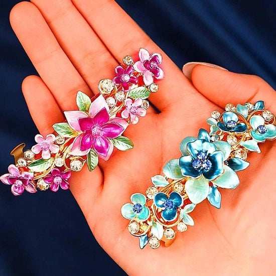 Accessori per capelli a forma di spilla con fiori e cristallo per donne - Set da 2 pezzi (rosa e blu)