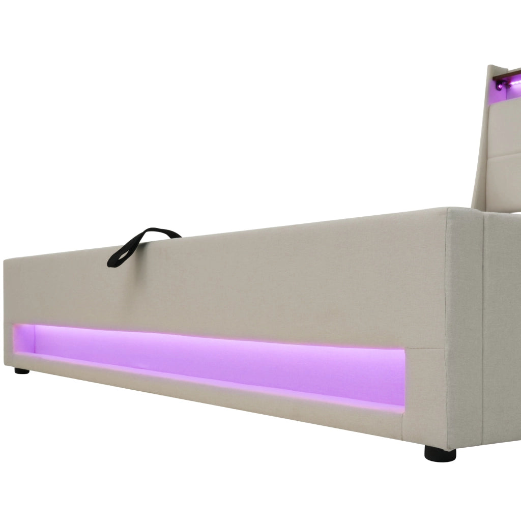 Letto matrimoniale LED – 140x200 cm – USB rete metallica – lino beige