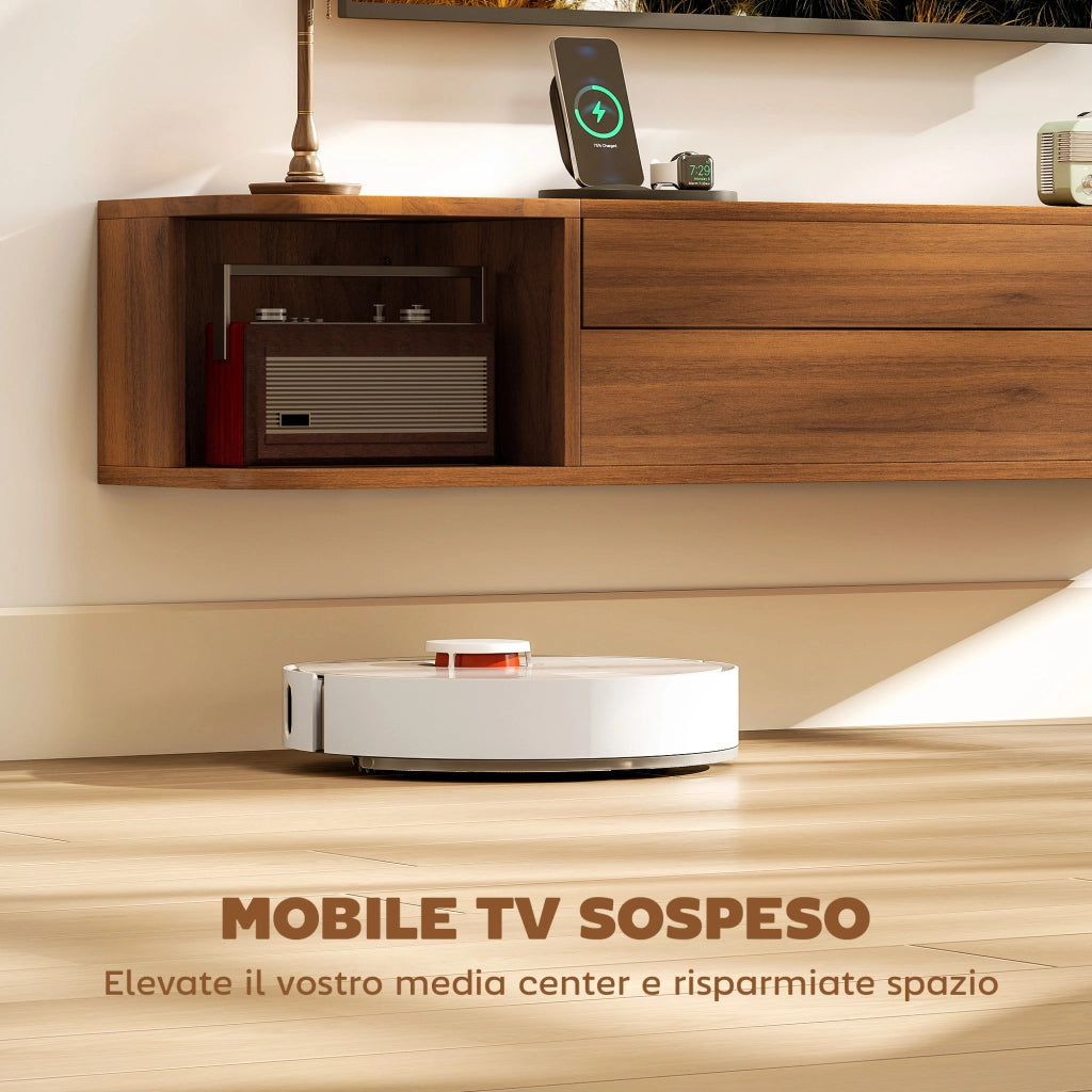 Mobile TV Sospeso con Cassetto, Ripiani e Prese ¨C zephmum ¨C Noce, 120x24x22.4 cm