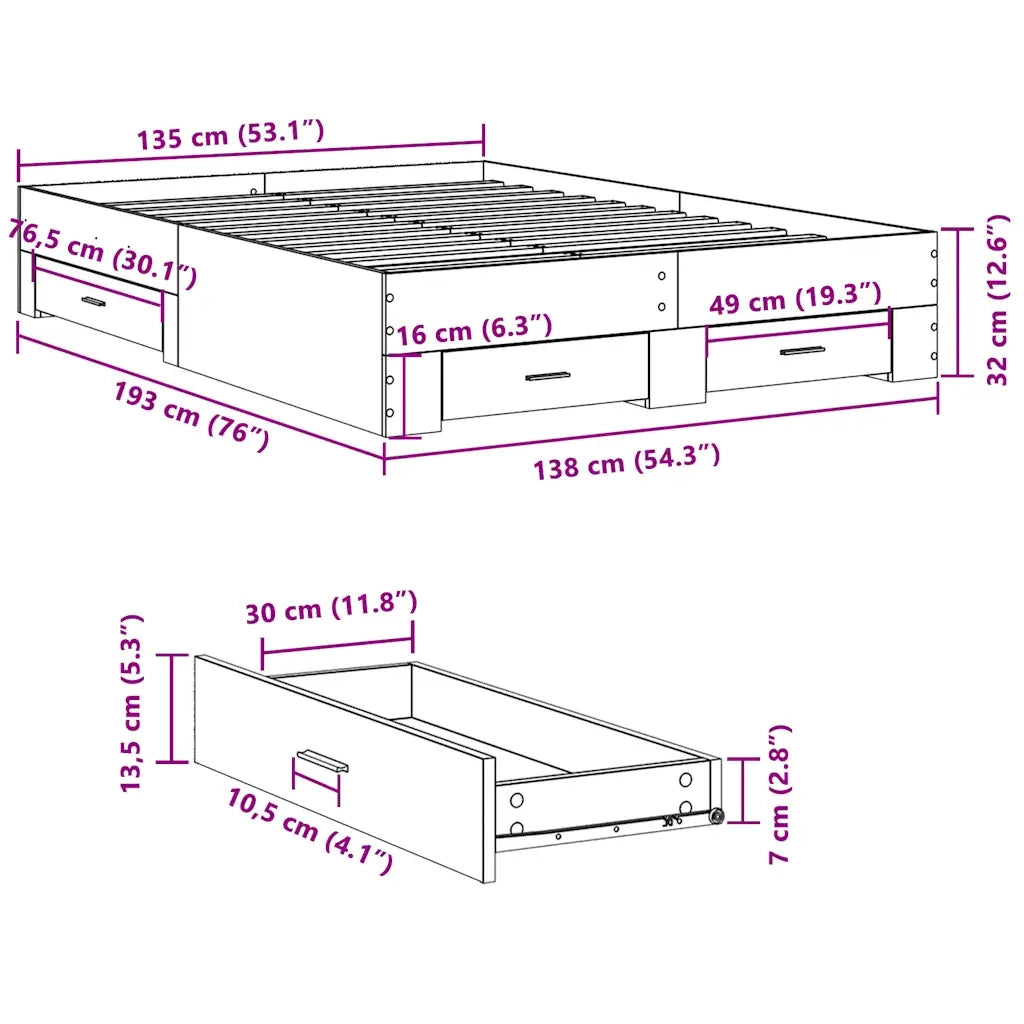 Letto matrimoniale | Letto per adulti | Giroletto Cassetti Rovere Sonoma 135x190 cm Legno Multistrato