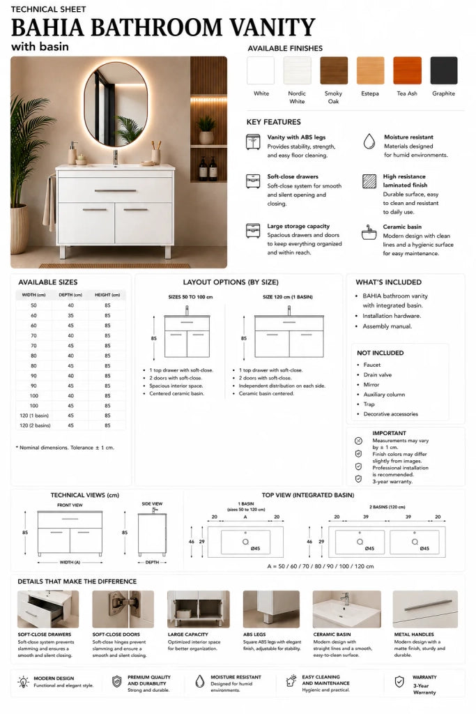 Mobile bagno con lavabo ORIGENBATH BAHIA senza specchio 80x45 cm rovere smoky