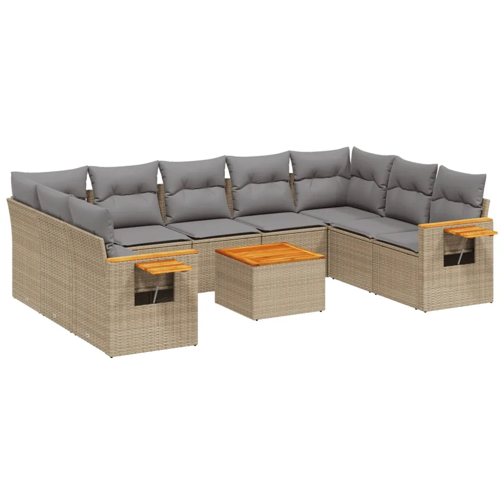 Set Divano da Giardino 10 pz con Cuscini Beige in Polyrattan