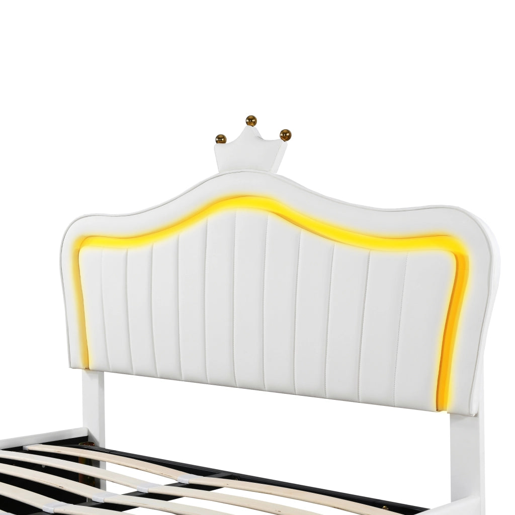 LETTO IMBOTTITO 140x200 cm Bianco con LED e contenitore idraulico