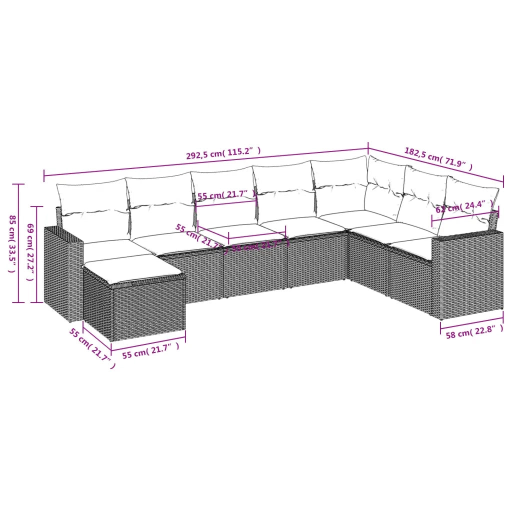 Set Divani da Giardino con Cuscini 8 pz Nero in Polyrattan 3251692
