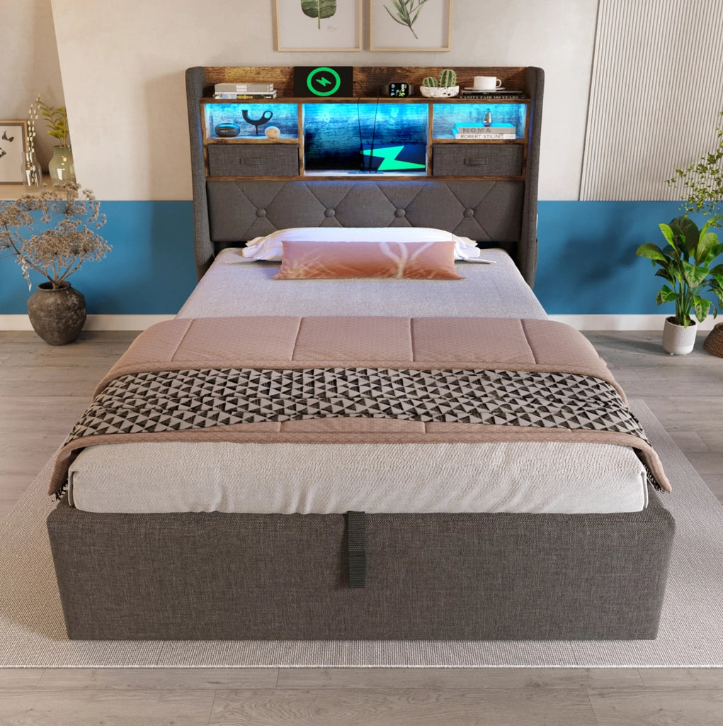 Letto singolo 90x200 cm contenitore con LED; USB C e tessuto lino grigio