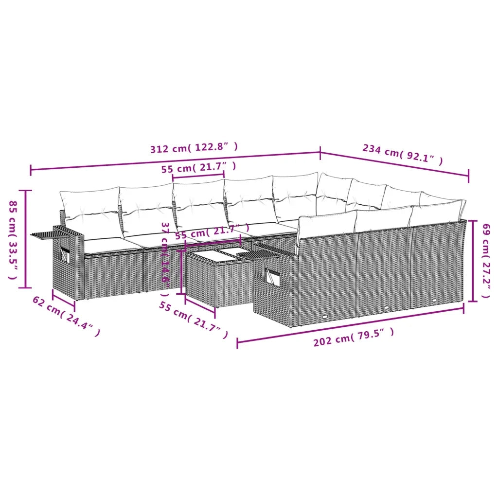 Set Divani da Giardino 11 pz con Cuscini in Polyrattan Nero 3253032