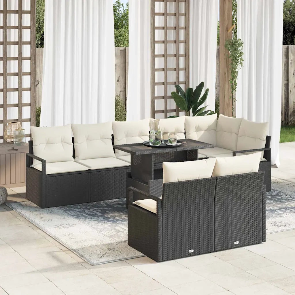 Set Divano da Giardino 9 pcs Nero e Crema polyrattan