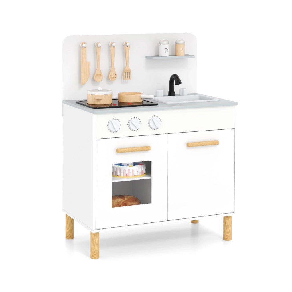 Set da cucina per bambini in legno con luci e accessori da cucina, Gioco educativo con spazio di archiviazione, Regalo per Bambini Bianco