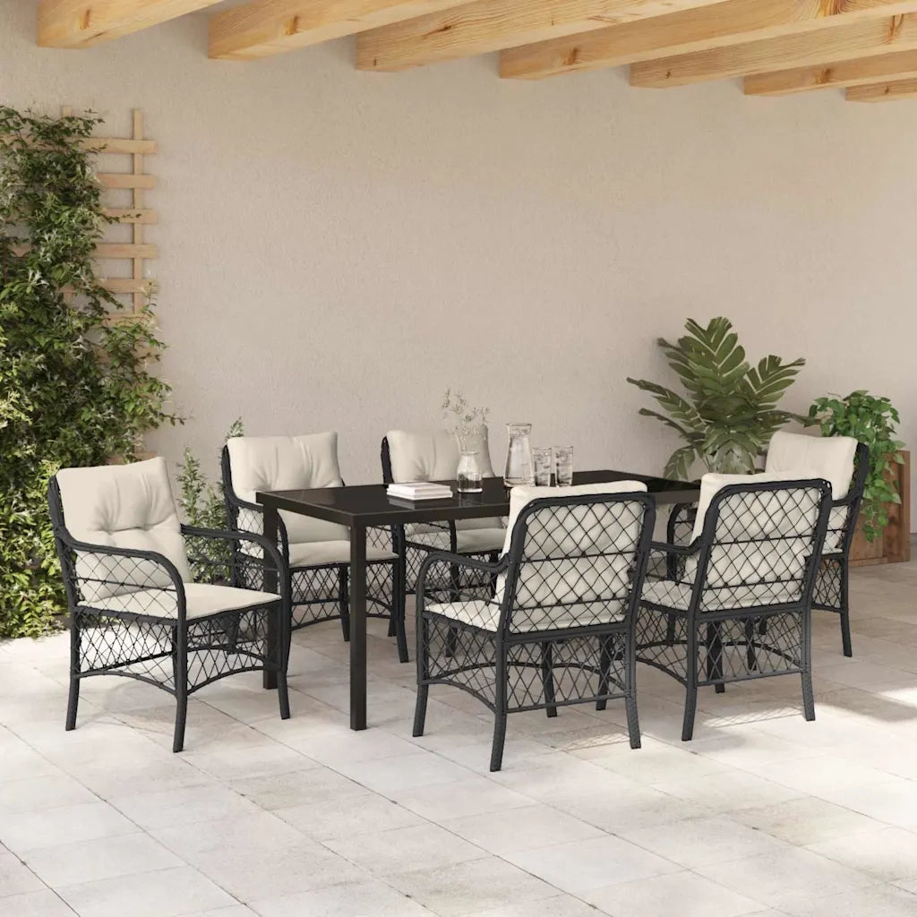 Set da Pranzo per Giardino con cuscino 7 pcs Nero polyrattan