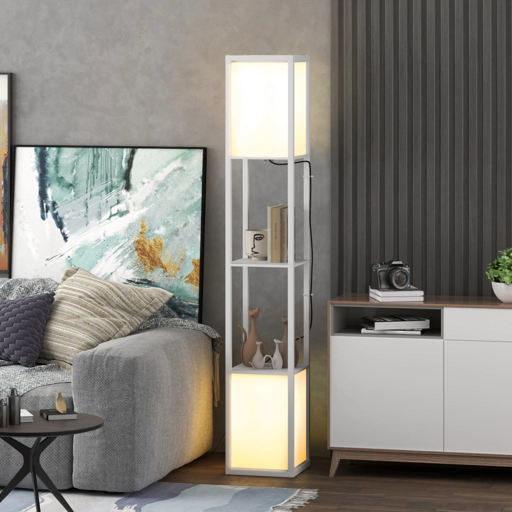 Lampada da Terra Moderna con 2 Paralumi e 2 Ripiani ¨C Minimal ¨C 26x26x156 cm, Bianco
