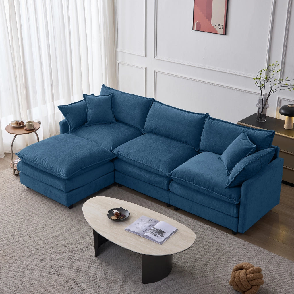 Divano angolare modulare 3 posti con pouf, Chenille Blu
