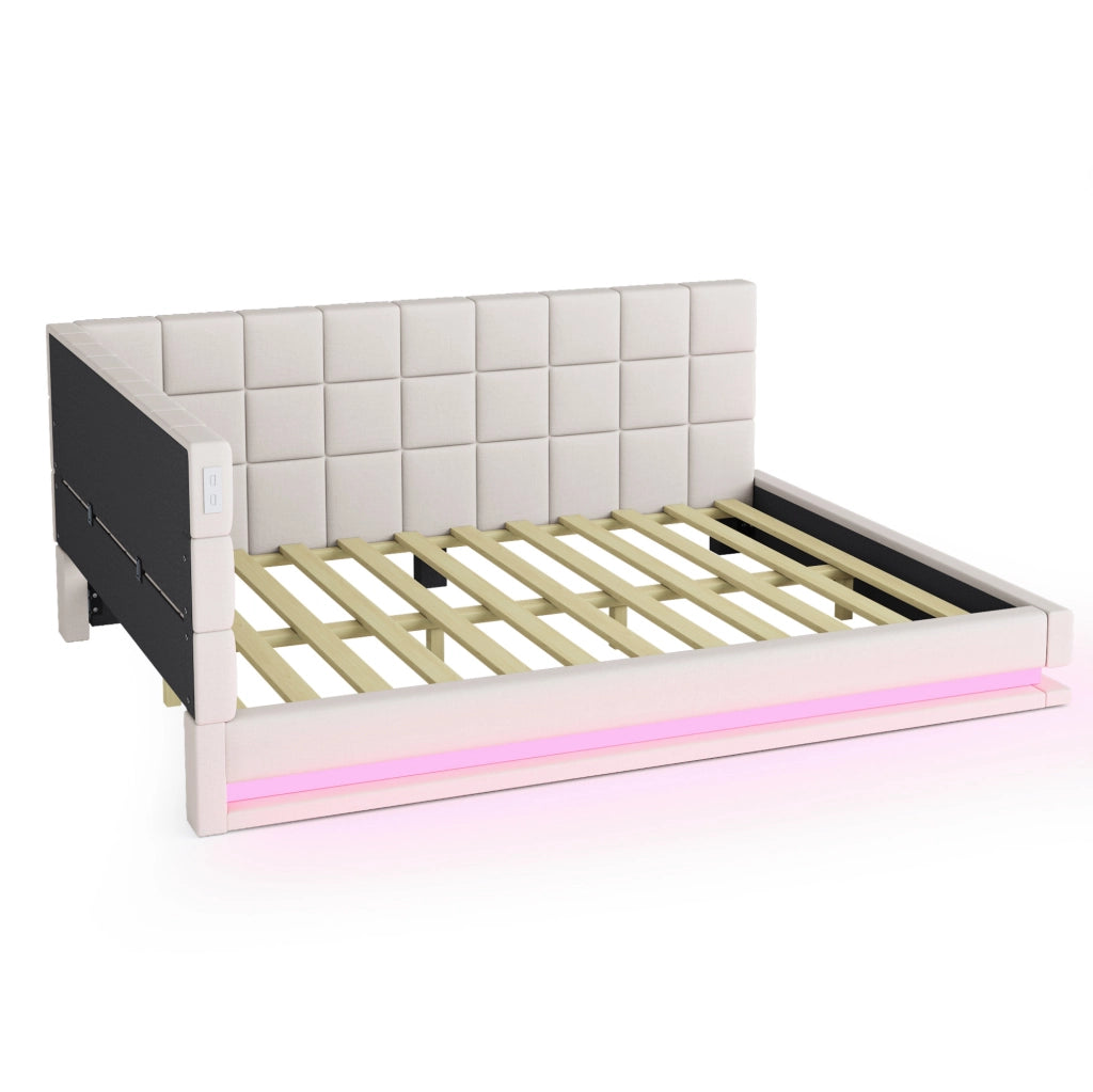 Divano letto imbottito 140x200 con LED, USB e rete a doghe