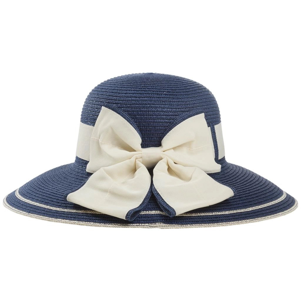 Cappello blu a tesa larga con fiocco 58