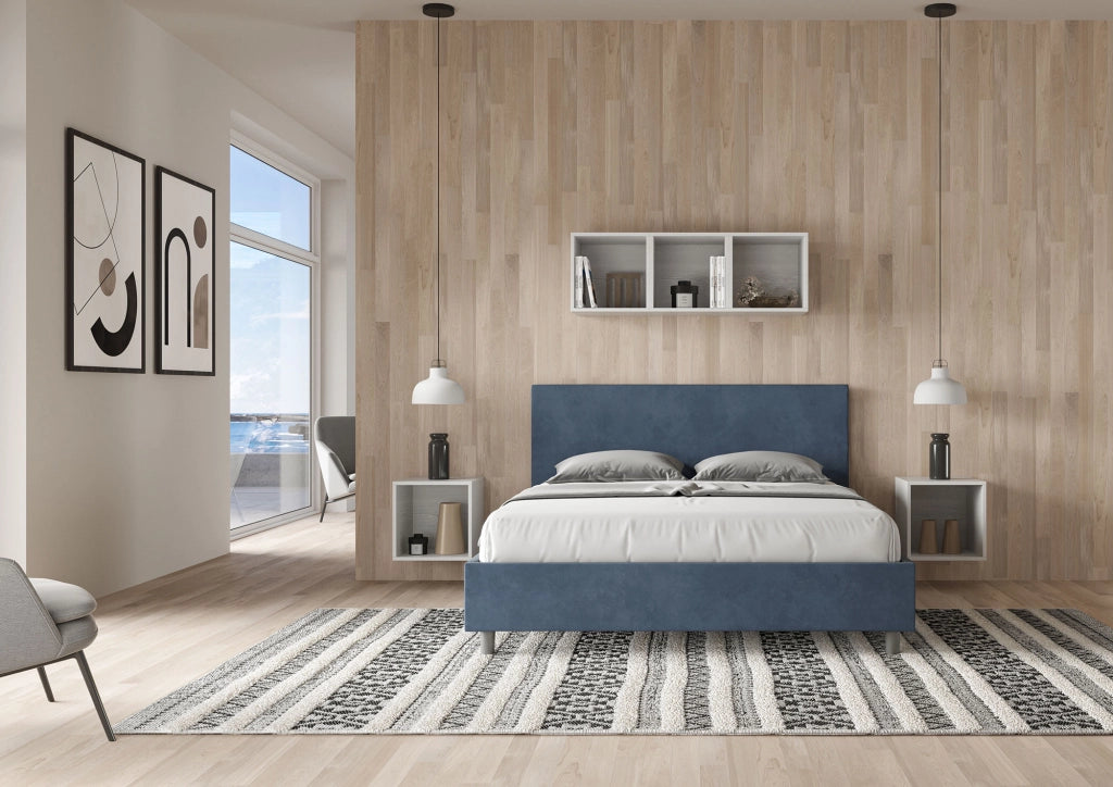 BS COM Letto queen size con rete imbottito 150x190 microfibra blu