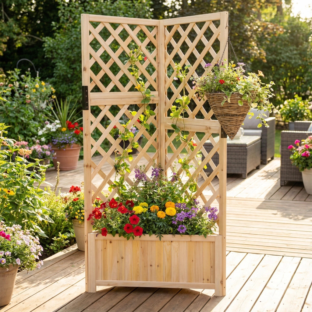 Letto da giardino rialzato ad angolo con traliccio e fori di drenaggio-Fioriera in legno per fiori verdure interno ed esterno Naturale