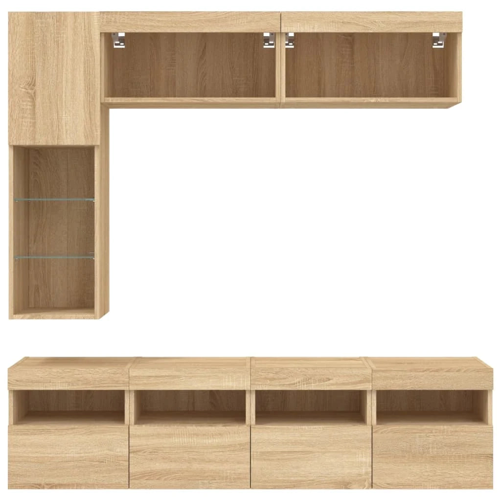 Set di mobili da 7 pezzi tra cui armadio credenza mobile TV parete attrezzata per soggiorno/camera da letto/soggiorno e luci a LED finitura rovere marrone Sonoma 02_0025374