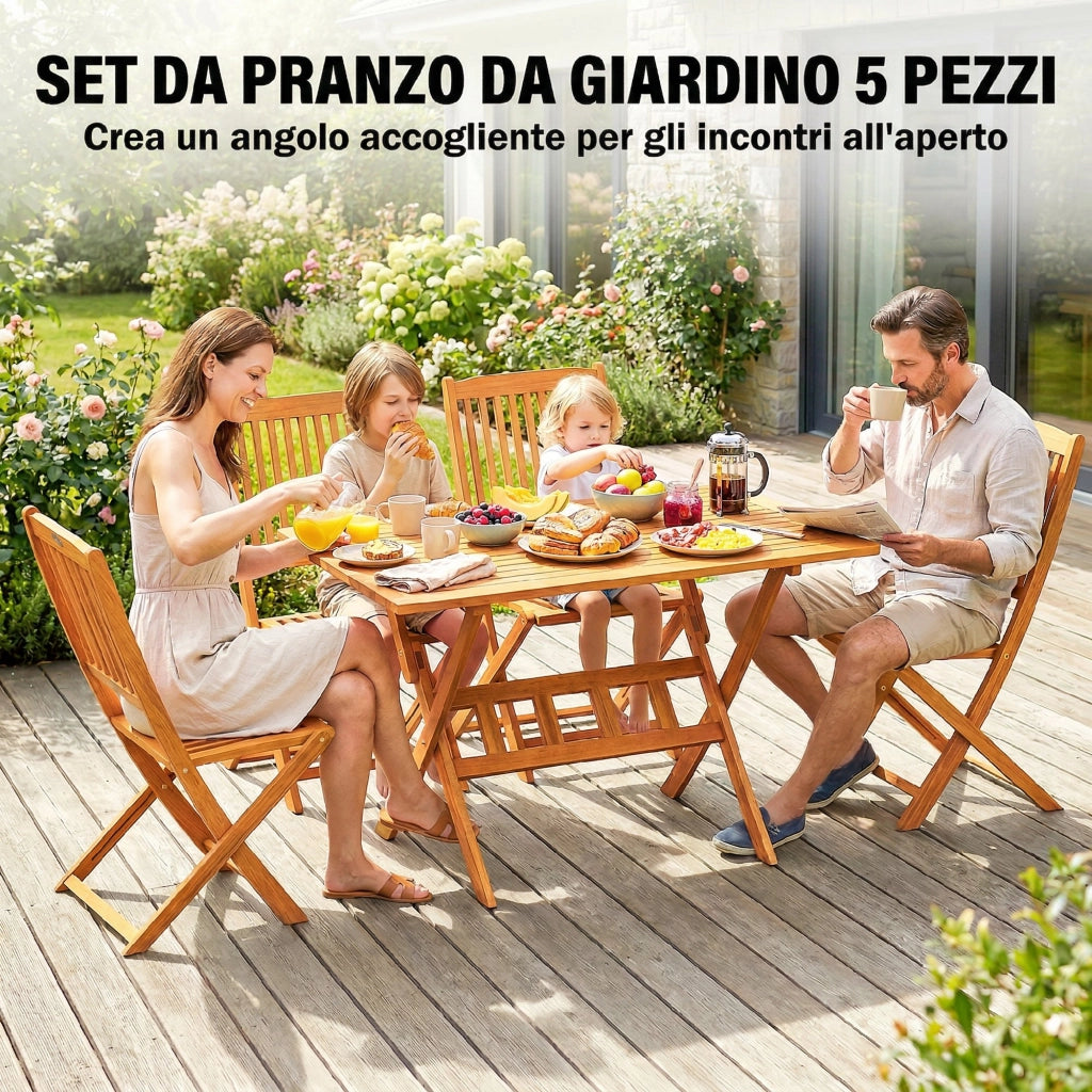 Set da Pranzo da Giardino 5 Pezzi, Tavolo e 4 Sedie Pieghevoli