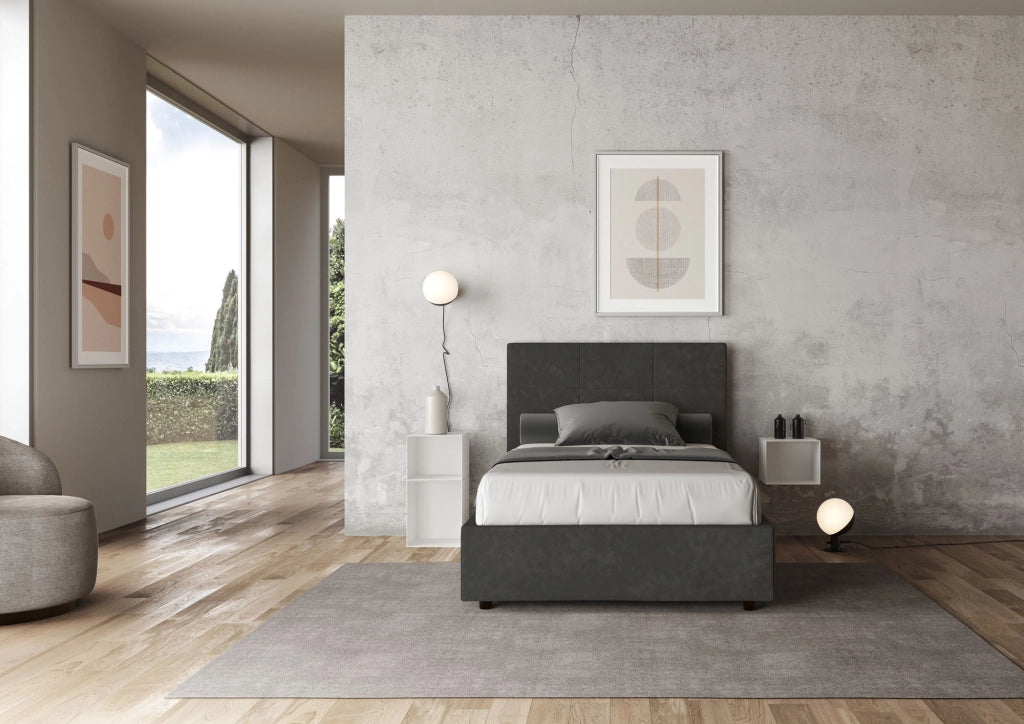 BS COM Letto una piazza e mezza con rete imbottito 120x190 microfibra grigio