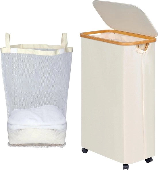 Cestino da Lavanderia Pieghevole da 75 Litri con Coperchio - Cestino Sottile Beige con Ruote, Maniglie in Bambù e Sacchetto Rimovibile per Camera da Letto, Bagno, Cucina
