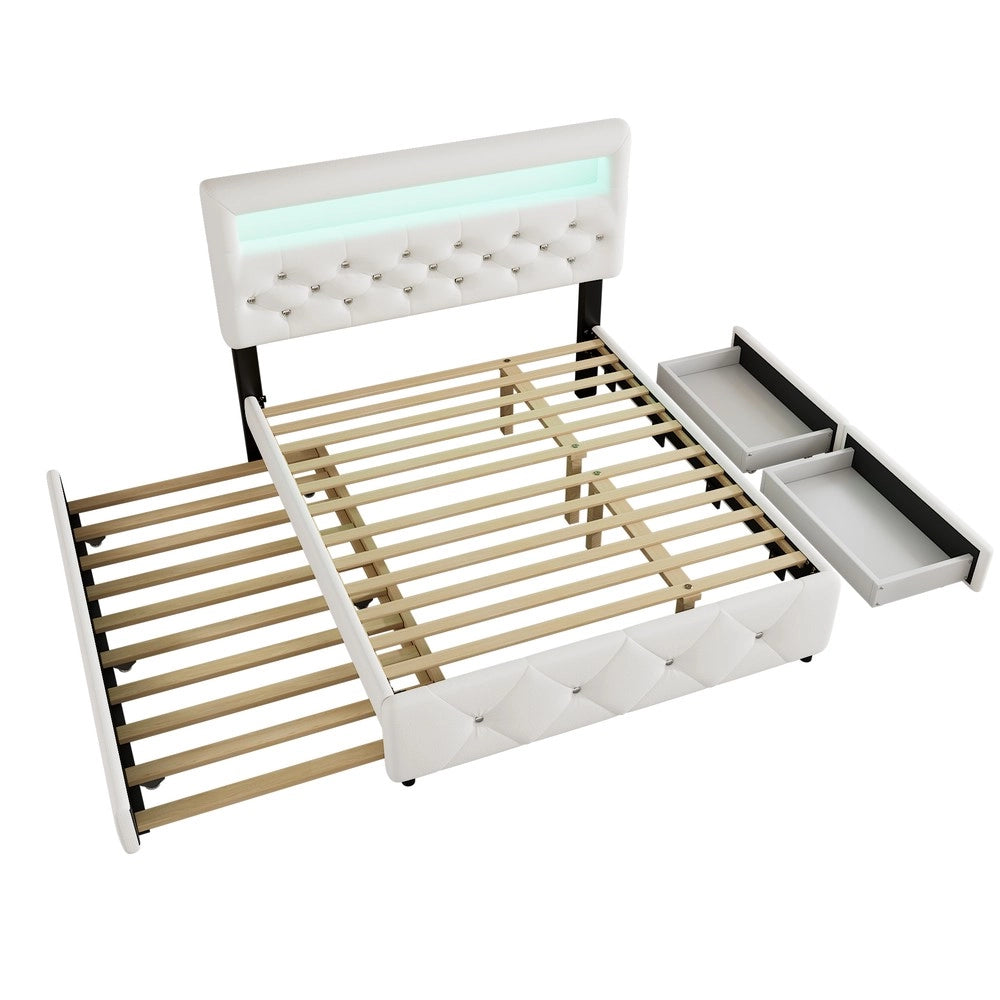 Letto Imbottito Contenitore con Cassetti e Comodino LED ¨C MINIMAL ¨C Bianco 140x200