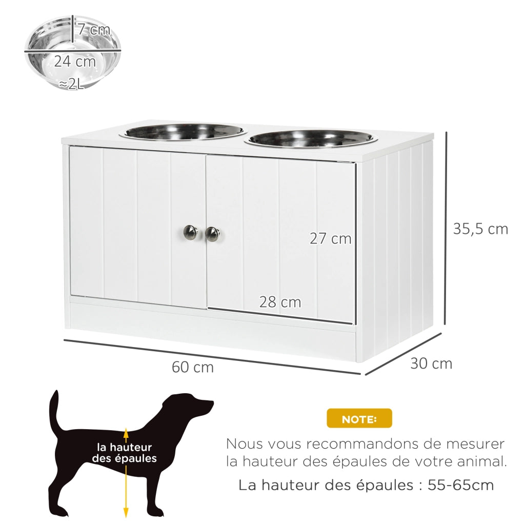 Ciotole rialzate per cani e gatti ¨C Xylo ¨C doppia ciotola in acciaio inox 2L, legno bianco 60x30x35,5 cm