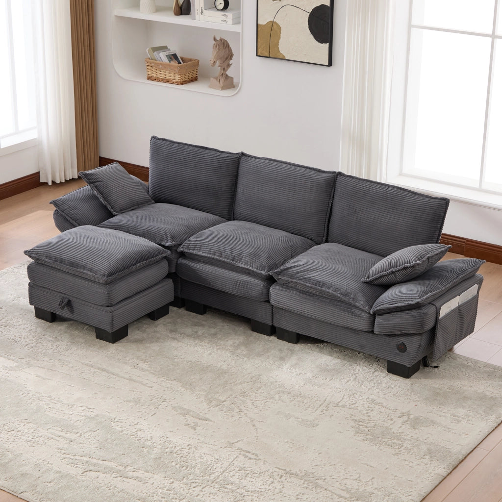 Divano 3 Posti con Poggiapiedi in Tessuto ¨C MINIMAL ¨C Grigio Scuro