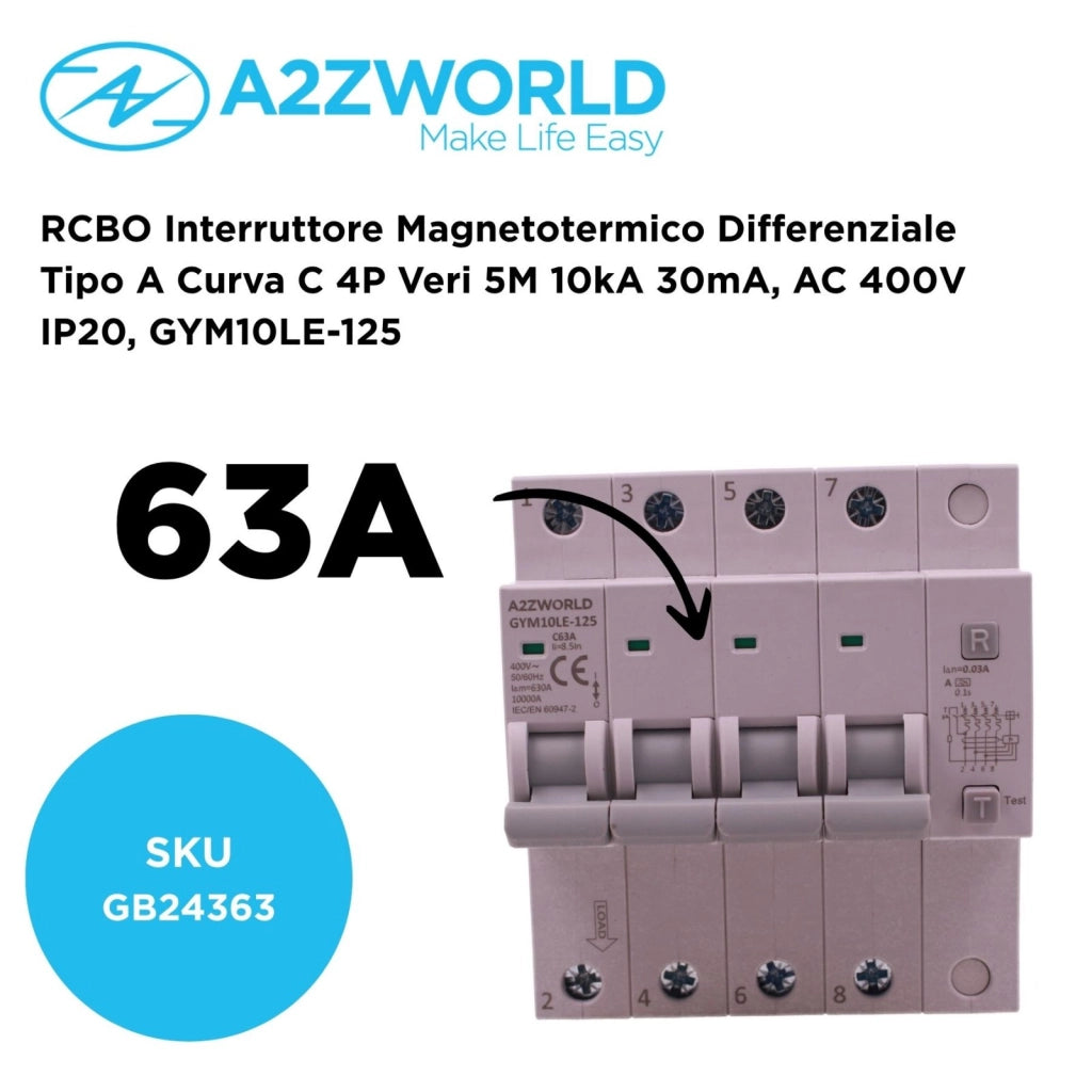 RCBO Interruttore Magnetotermico Differenziale Tipo A Curva C 4P Veri 5M 10kA 30mA, AC 400V IP20, GYM10LE-125, Disponibili 63A 80A 100A (C63A)