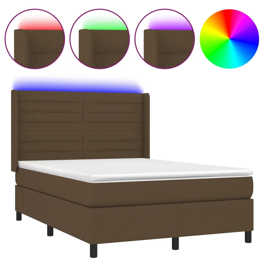 Letto a Molle Materasso e LED Marrone Scuro 140x200 cm Tessuto 3138400