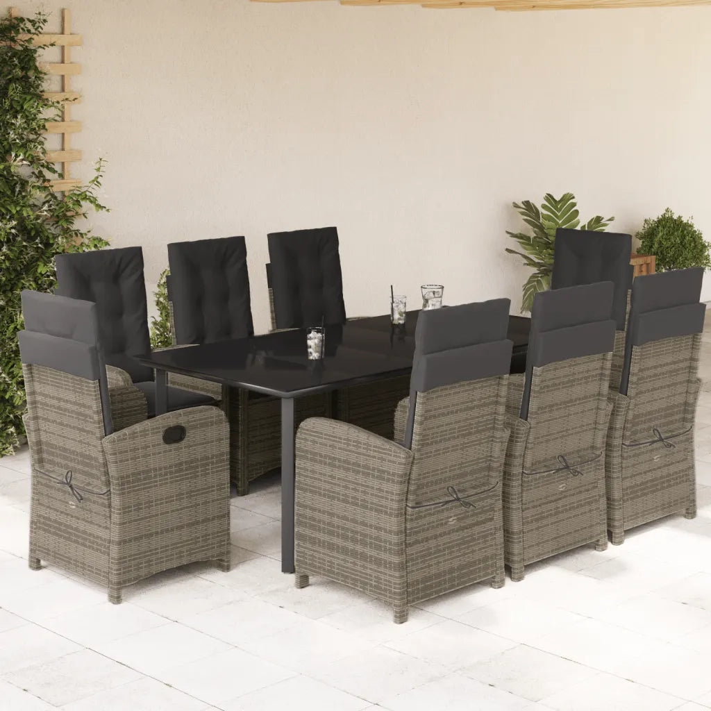 Set da Pranzo da Giardino 9 pz con Cuscini in Polyrattan Grigio