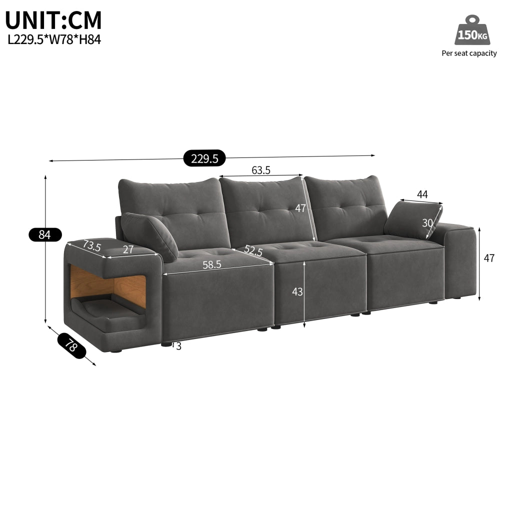 SOFÀ 3 POSTI 229,5x78x84 cm Velluto Grigio con 2 cuscini e vani portaoggetti