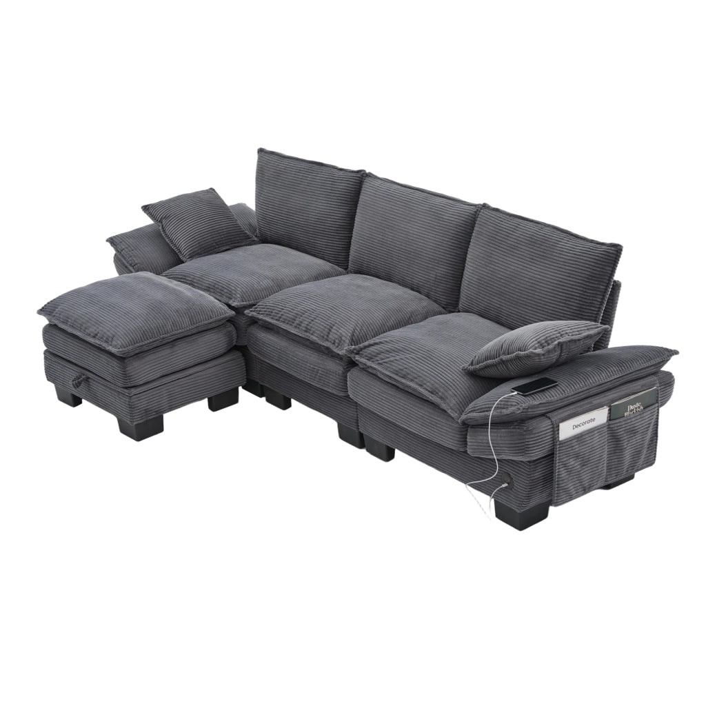 Divano 3 Posti con Poggiapiedi in Tessuto ¨C MINIMAL ¨C Grigio Scuro