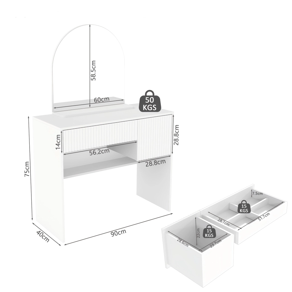 Tavolo trucco con specchio arcuato, 2 cassetti, design moderno, bianco, MDF
