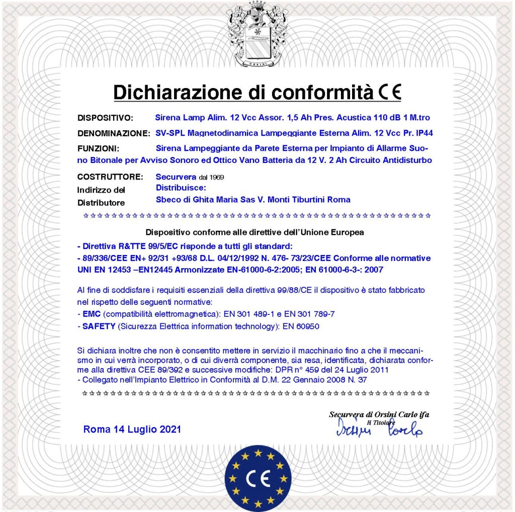 Sirena di Allarme da Esterno 12 Vcc 2 Pezzi Con Lampeggiatore a Led Suono Bitono 110 dB Frequenza A/B 1724/2475 Hz Allarme Caduta +/- Segnale Stato Impianto Antifurto 2 Batteria Selezionate 12 V 2 Ah