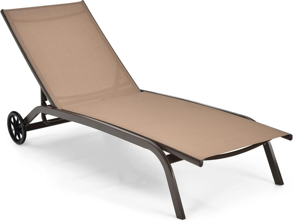 Lettino Prendisole da Giardino, Sdraio da Giardino con Ruote, Schienale Regolabile in 6 Posizioni, per Spiaggia, Piscina e Balcone, Portata 150 kg (Marrone)