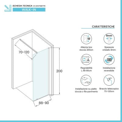 Doccia Walk-In 90 cm trasparente 8 mm profilo cromo H 200 cm  Tay