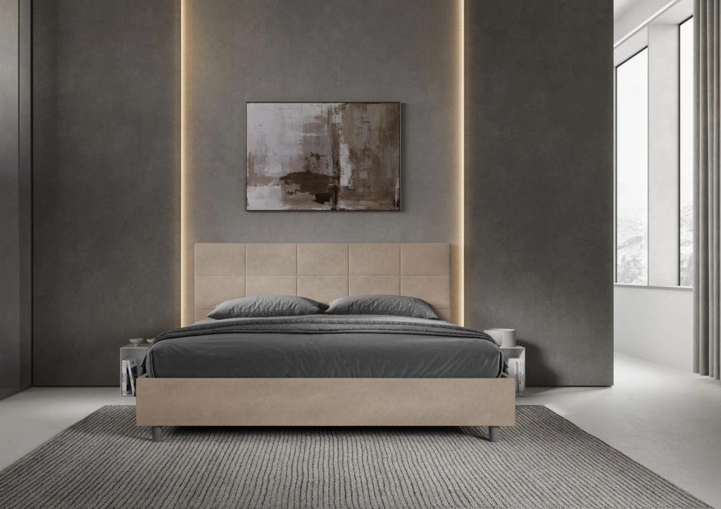BS COM Letto matrimoniale king size senza rete imbottito 180x200 microfibra sabbia