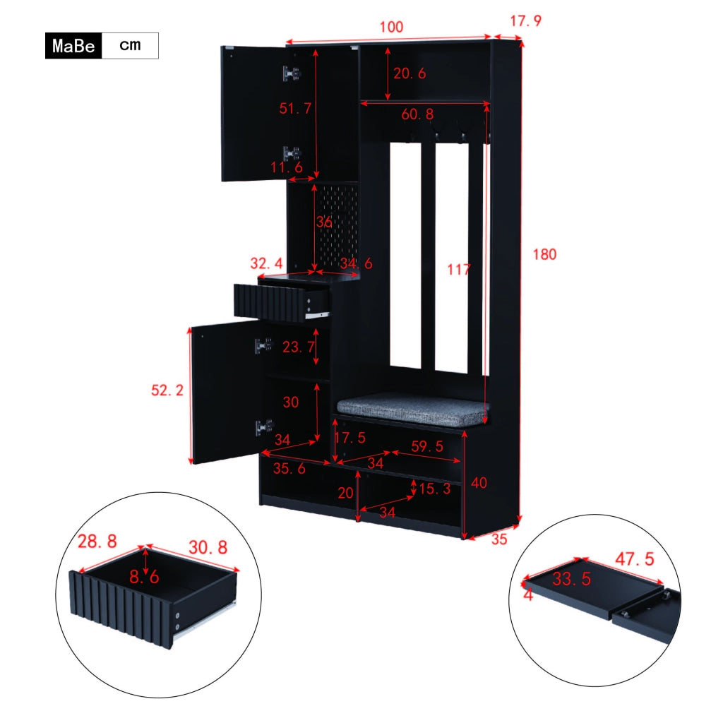GARDEROBA DA INGRESSO con panca e 4 ganci 100x180x35 cm Nero