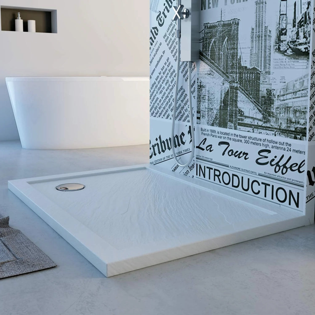 Piatto Doccia Slim 75x90x4 cm Rettangolare Acrilico Bordato Bianco Effetto Pietra mod. Flower