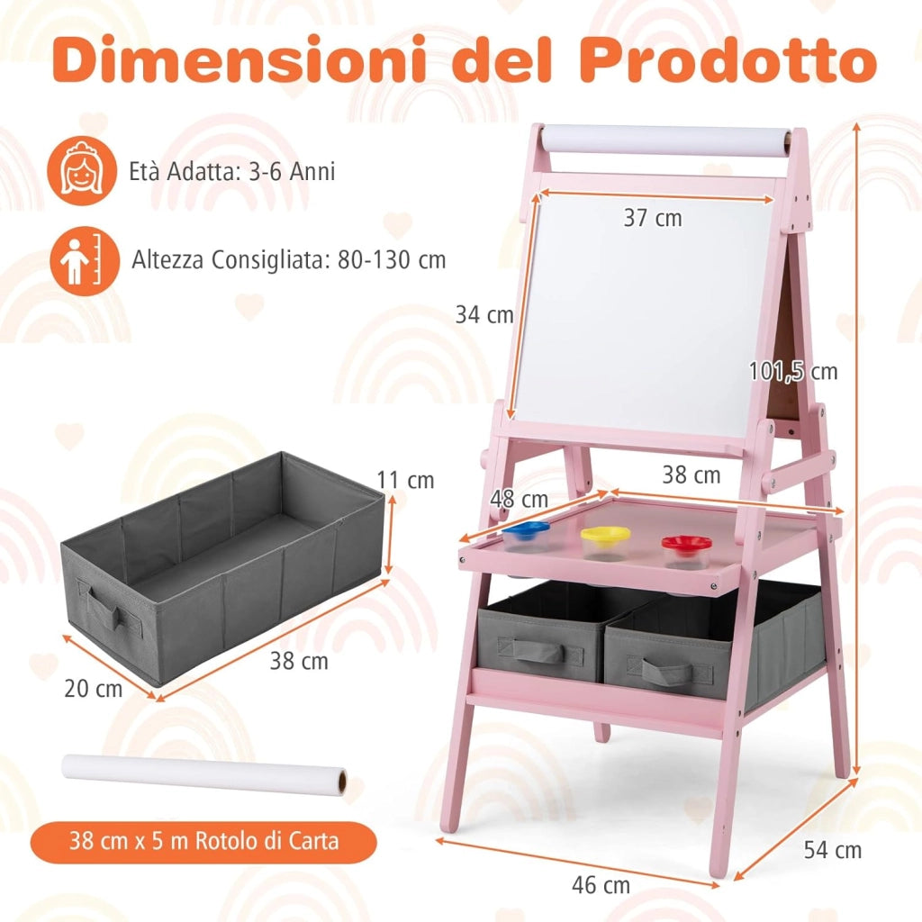 3 in 1 Cavalletto per Bambini, Cavalletto con Doppia Faccia Magnetica e Lavagna Bianca, Rotolo di Carta, 3 Bicchieri per Vernice e 2 Cestini in Tessuto, per Bambini 3-6 Anni (Rosa)