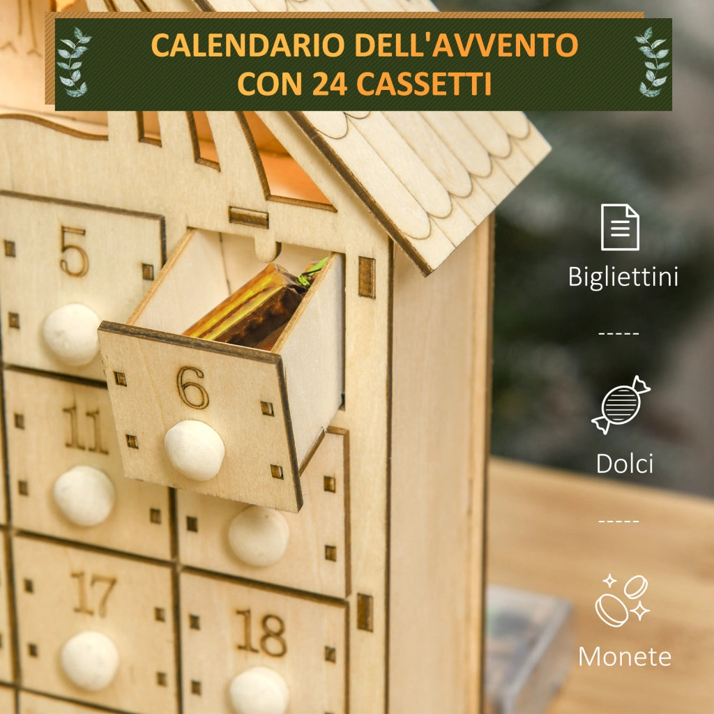 Calendario dell'Avvento in Legno con 24 Cassetti ¨C Xylo ¨C Decorazione Natalizia con Presepe e Luci, 26.6x6x30cm