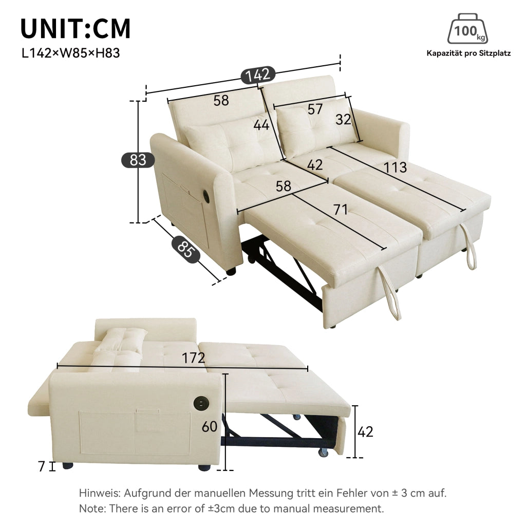 Divano Letto 2 Posti con Schienale Regolabile USB e Tasche Laterali in Cotone Lino Beige